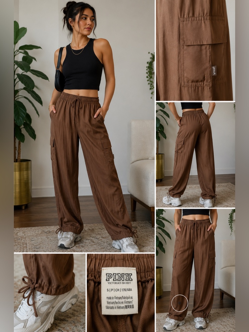 PINK VS Satin Look Parachute Cargo Pants Y2K Brown Utility Streetwear S